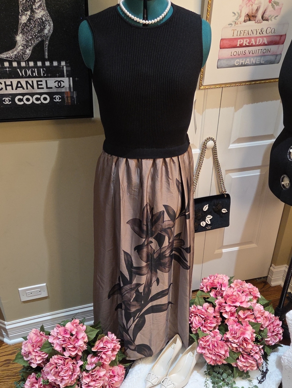 Nwt Large Taylor Black Ribbed Tank Maxi Dress with Taupe Floral Skirt